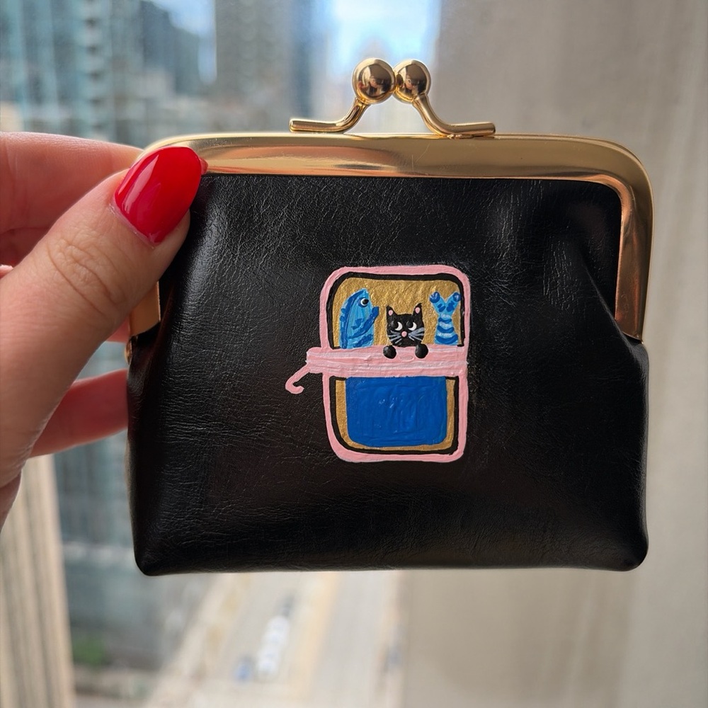 Cat / sardine hand painted coin purse